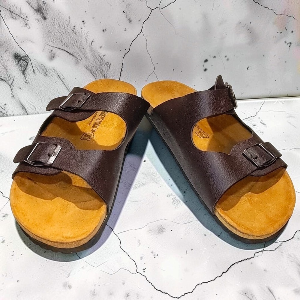 Birkenstock Arizona Brown Leather Sandals 44 Men 11 Double Strap Buckle Slides